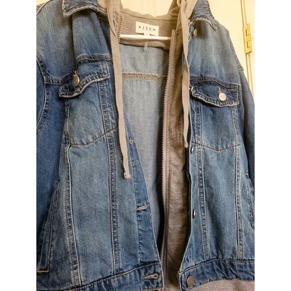 RISEN Los Angeles Streetwear Denim Jacket with Attached Grey Hoodie - Size S - Picture 7 of 11